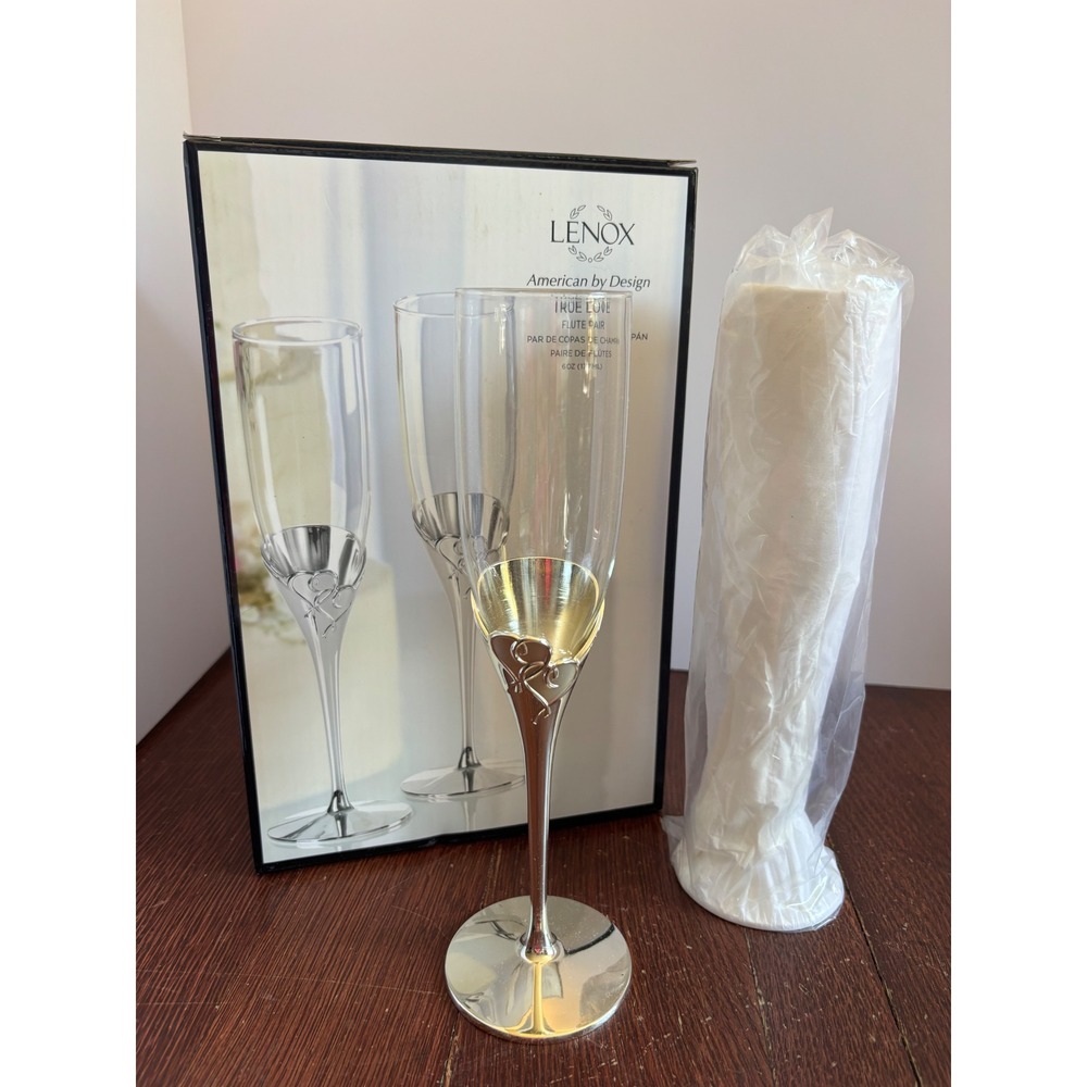 Lenox True Love Champagne Flute Pair Silver Plated Heart Wedding Toast Glasses